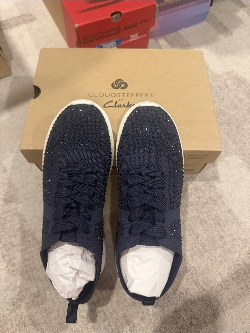 Clarks Navy Knit Slip-On Sneakers with Sparkle